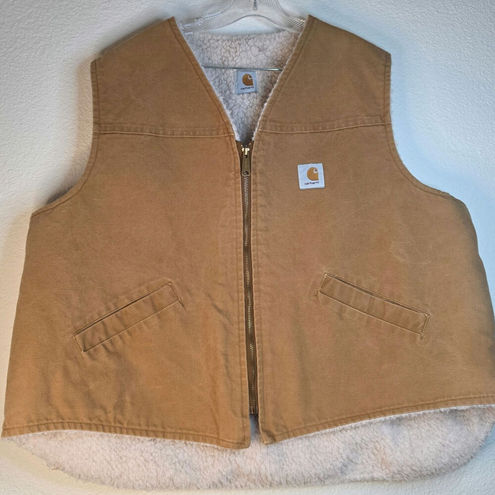 Vintage Carhartt Sherpa Fleece Lined Camel Duck Canvas Work Vest Size 2XL